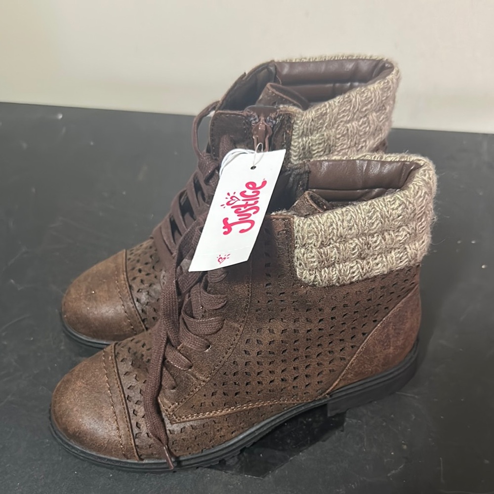 Justice Brown Ankle Booties with Cozy Knit Detail